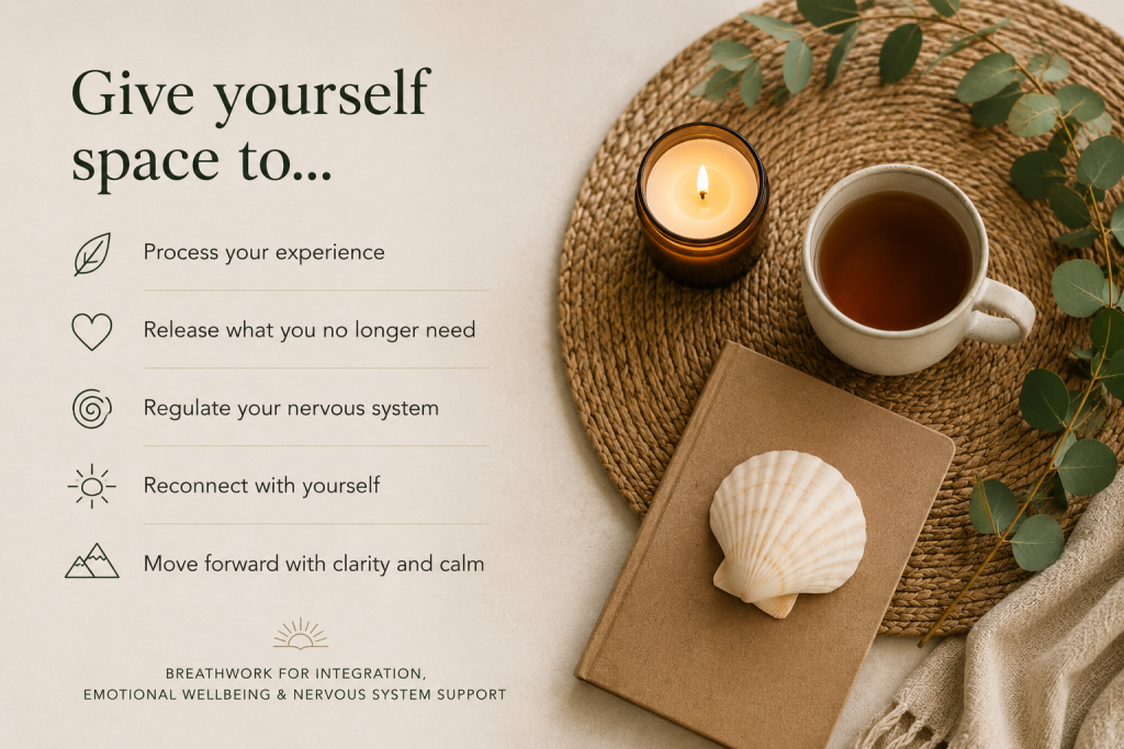 Mindful self-care scene with tea, candle and journal representing nervous system regulation, emotional wellbeing and breathwork.